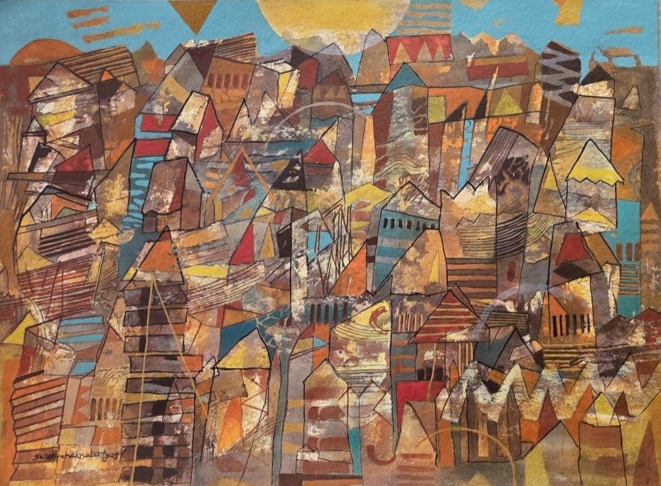 'Abstract 5' cityscape acrylic painting by artist Srj Surajit Chakraborty, 22x30 inch, on paper