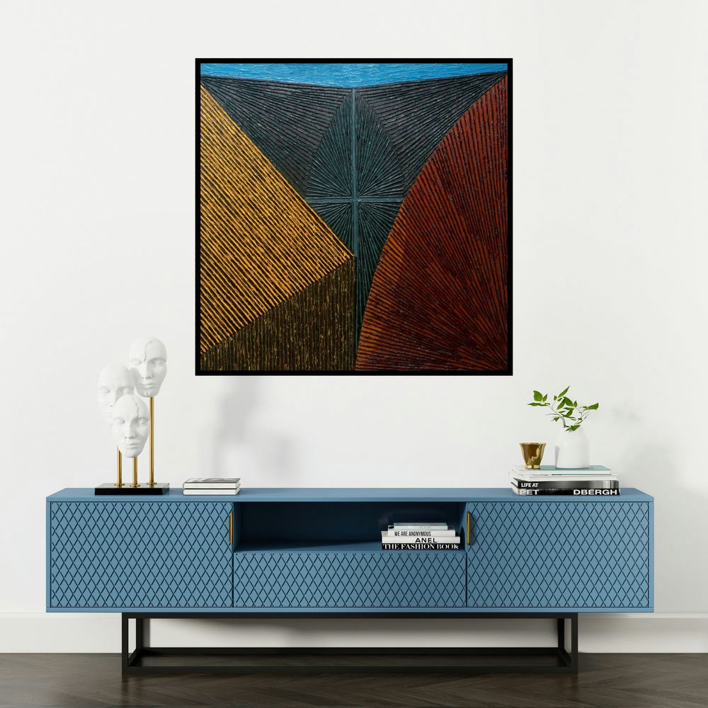 'Abstract 54' painting by Sandesh Khule shown on a wall in a furnished room.