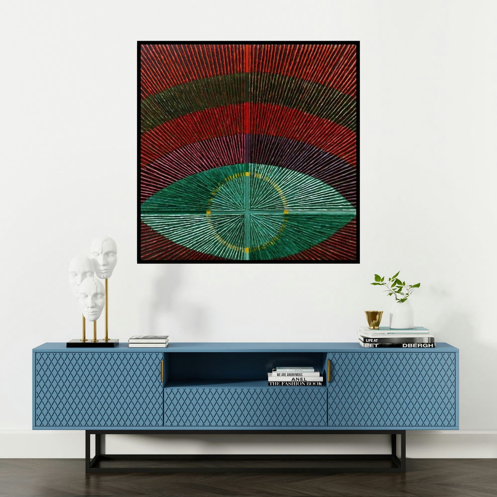 'Abstract 55' painting by Sandesh Khule shown on a wall in a furnished room.