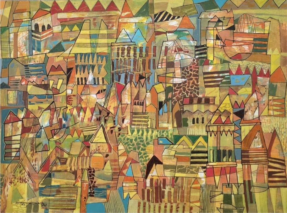 'Abstract 6' cityscape acrylic painting by artist Srj Surajit Chakraborty, 22x30 inch, on paper