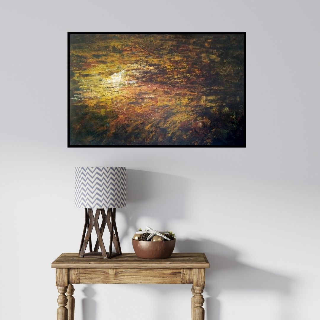 In-situ view of Sanjay Akolikar's 'Abstract Art (Golden Afterglow)' painting in a room