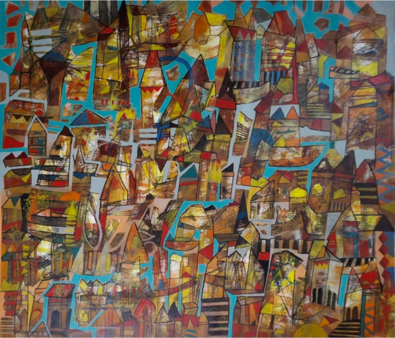 'Abstract Banaras 1' abstract acrylic painting by artist Srj Surajit Chakraborty, 49x44 inch, on canvas