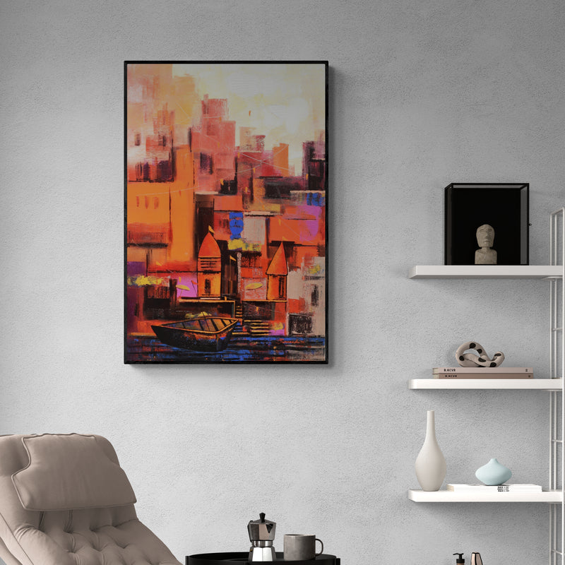 In-situ view of Purnendu Mandal's 'Abstract Banaras Ghat 1 (City in Red) (Varanasi Temple Sunrise)' painting in a room