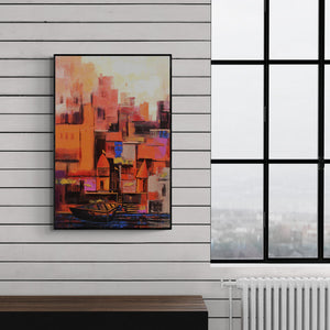 Preview of 'Abstract Banaras Ghat 1 (City in Red) (Varanasi Temple Sunrise)' Painting by Purnendu Mandal shown on a wall in a furnished room.