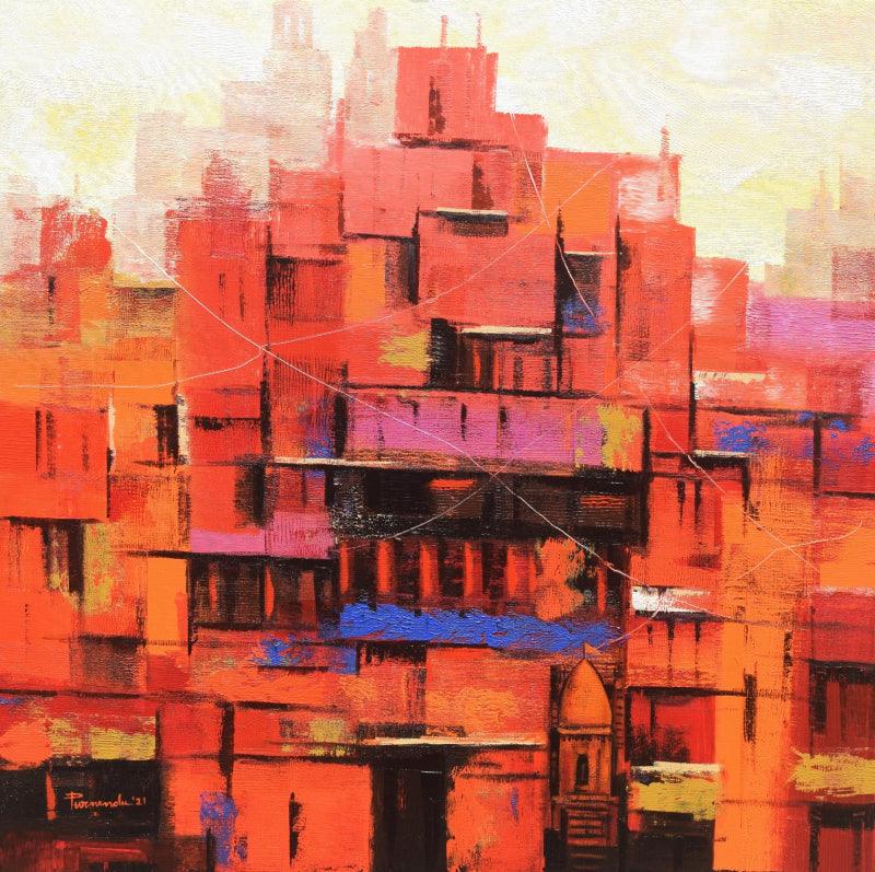 Religious acrylic painting titled 'Abstract Banaras Ghat 2', 36x36 inches, by artist Purnendu Mandal on Canvas