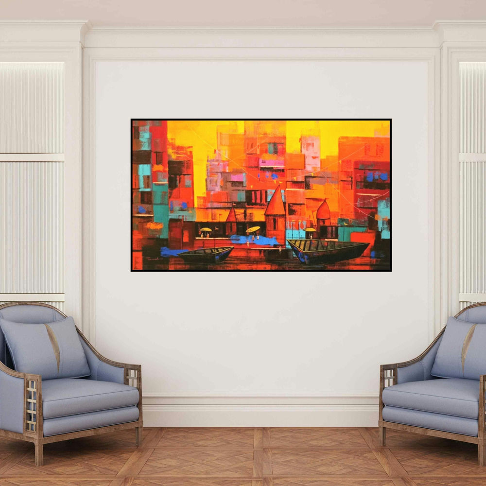 'Abstract Banaras Ghat 3 (Abstract Banaras Ghat) (Varanasi Golden Ghats)' painting by Purnendu Mandal shown on a wall in a furnished room.