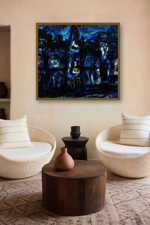Abstract Castle (Urban Nightscape) by artist Asit Poddar displayed in a Minimalist gallery