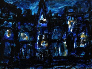 Abstract Castle (Urban Nightscape) by Asit Poddar, Original Acrylic Abstract Painting on Canvas, X-Small Horizontal Wall Art