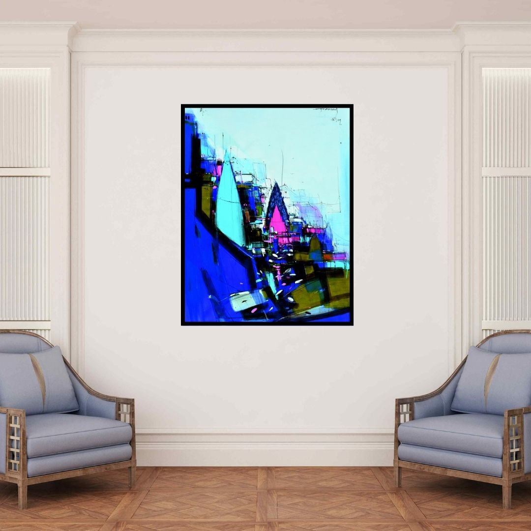 In-situ view of Dheeraj Yadav's 'Abstract Cityscape 2' painting in a room