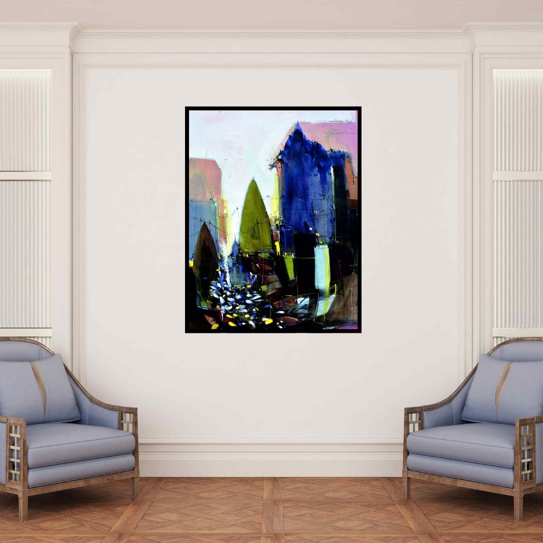 In-situ view of Dheeraj Yadav's 'Abstract Cityscape 3' painting in a room