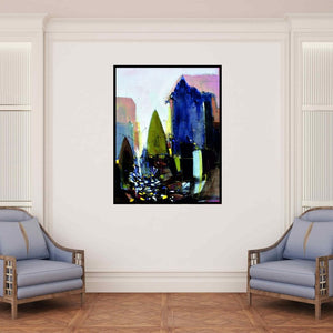 In-situ view of Dheeraj Yadav's 'Abstract Cityscape 3' painting in a room