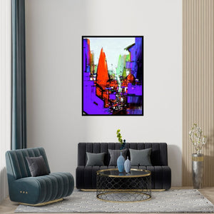 Preview of 'Abstract Cityscape 4' Painting by Dheeraj Yadav shown on a wall in a furnished room.