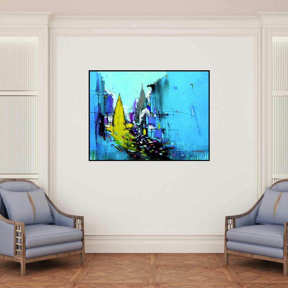 'Abstract Cityscape 5' painting by Dheeraj Yadav shown on a wall in a furnished room.