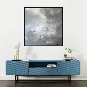 'Abstract Highs In White Scale 2 (Ethereal Horizon)' painting by Balasaheb Abhang shown on a wall in a furnished room.