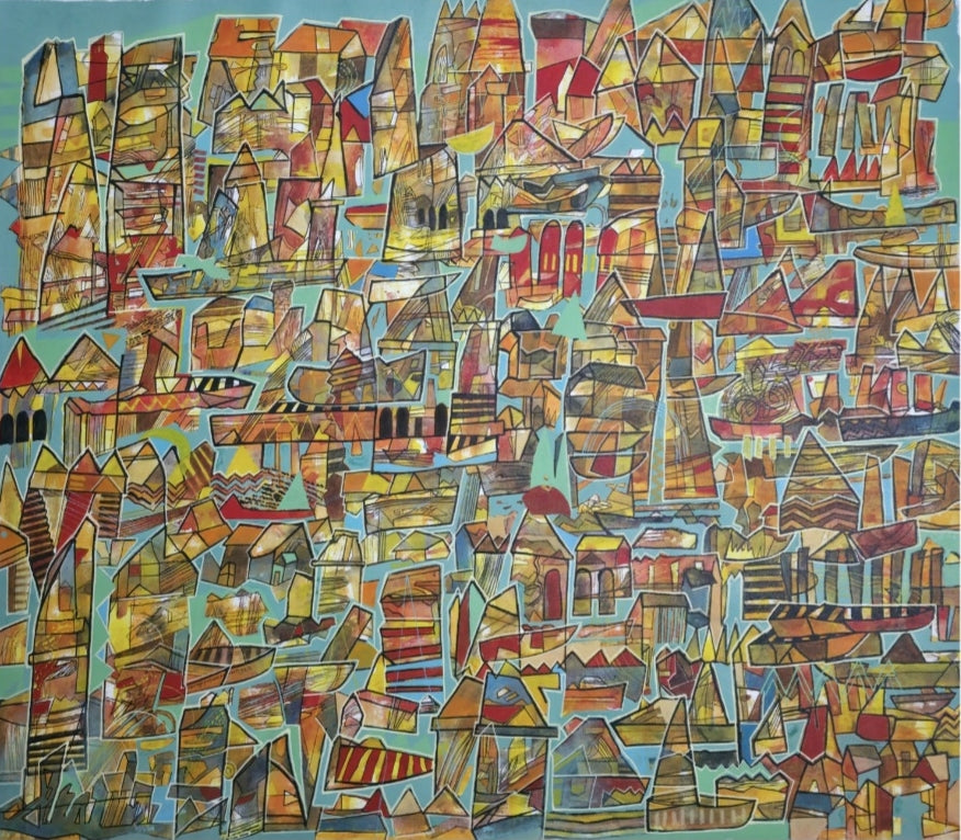'Abstract Holy City 1' abstract acrylic painting by artist Srj Surajit Chakraborty, 44x49 inch, on canvas