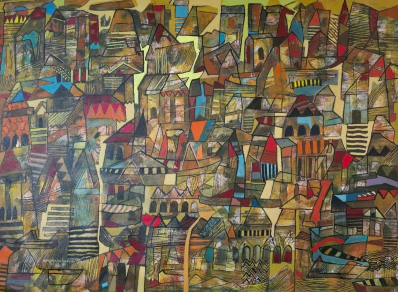 'Abstract Holy Cityscape 1' abstract acrylic painting by artist Srj Surajit Chakraborty, 33x46 inch, on canvas