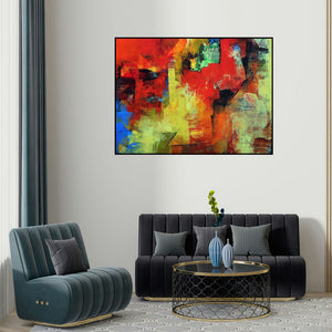Siddhesh Rane's 'Abstract Kaleidoscope' painting visualized above a sofa in a contemporary room.