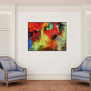 'Abstract Kaleidoscope' painting by Siddhesh Rane shown on a wall in a furnished room.