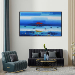 Reba Mandal's 'Abstract Landscape 11' painting visualized above a sofa in a contemporary room.