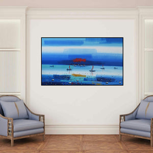 'Abstract Landscape 11' painting by Reba Mandal shown on a wall in a furnished room.