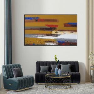 Reba Mandal's 'Abstract Landscape 12' painting visualized above a sofa in a contemporary room.