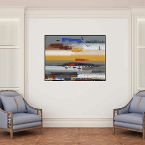 'Abstract Landscape 13' painting by Reba Mandal shown on a wall in a furnished room.