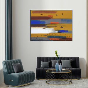 Reba Mandal's 'Abstract Landscape 4' painting visualized above a sofa in a contemporary room.