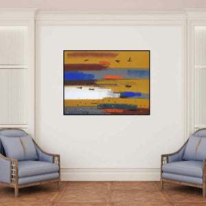 'Abstract Landscape 4' painting by Reba Mandal shown on a wall in a furnished room.