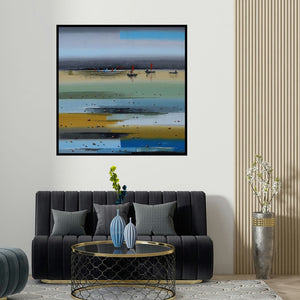 Reba Mandal's 'Abstract Landscape 6' painting visualized above a sofa in a contemporary room.