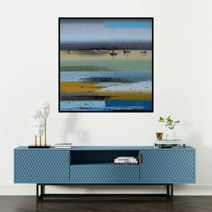 'Abstract Landscape 6' painting by Reba Mandal shown on a wall in a furnished room.