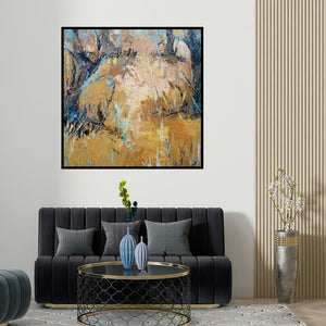 Nandita Richie's 'Abstract Landscape (Golden Path)' painting visualized above a sofa in a contemporary room.