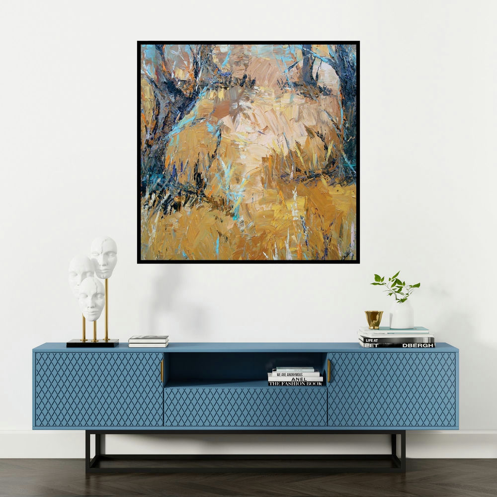 'Abstract Landscape (Golden Path)' painting by Nandita Richie shown on a wall in a furnished room.