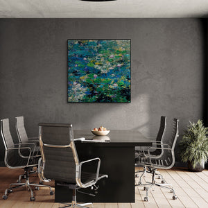 Nandita Richie's painting 'Abstract Nature 6 (Serene Water Lilies)' displayed in a modern living room setting