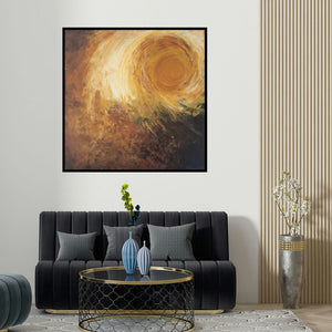 Sanjay Akolikar's 'Abstract Sun' painting visualized above a sofa in a contemporary room.