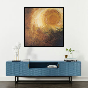 'Abstract Sun' painting by Sanjay Akolikar shown on a wall in a furnished room.
