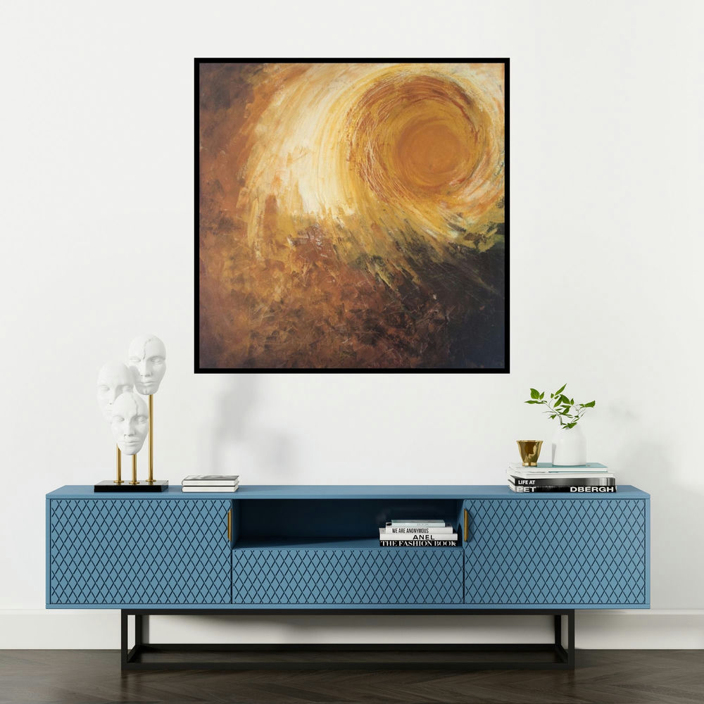 'Abstract Sun' painting by Sanjay Akolikar shown on a wall in a furnished room.