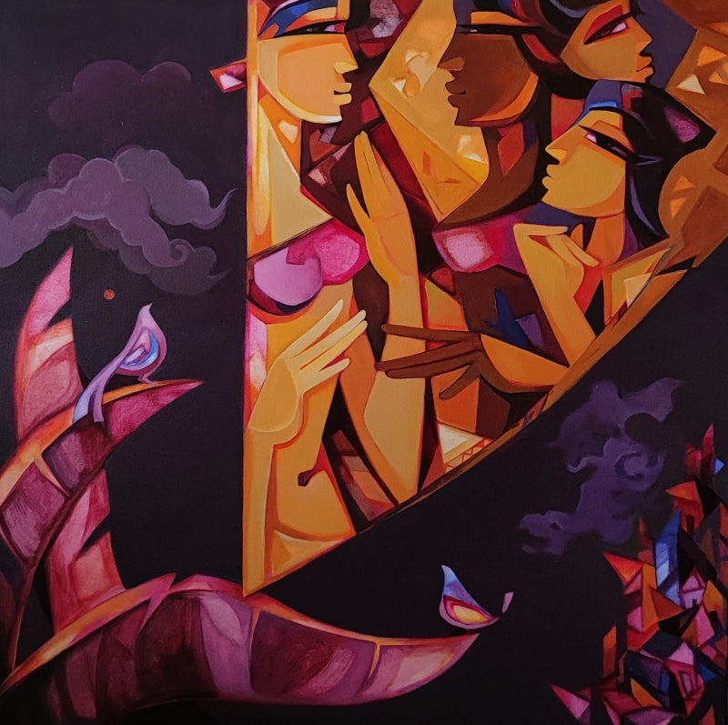 'Abstraction' figurative acrylic painting by artist Laxmi Mysore, 36x36 inch, on canvas