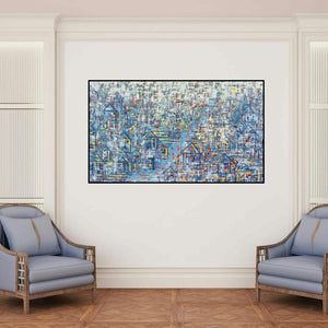 'Abundance (A Tapestry of Homes**)' painting by Karishma Wadhwa shown on a wall in a furnished room.