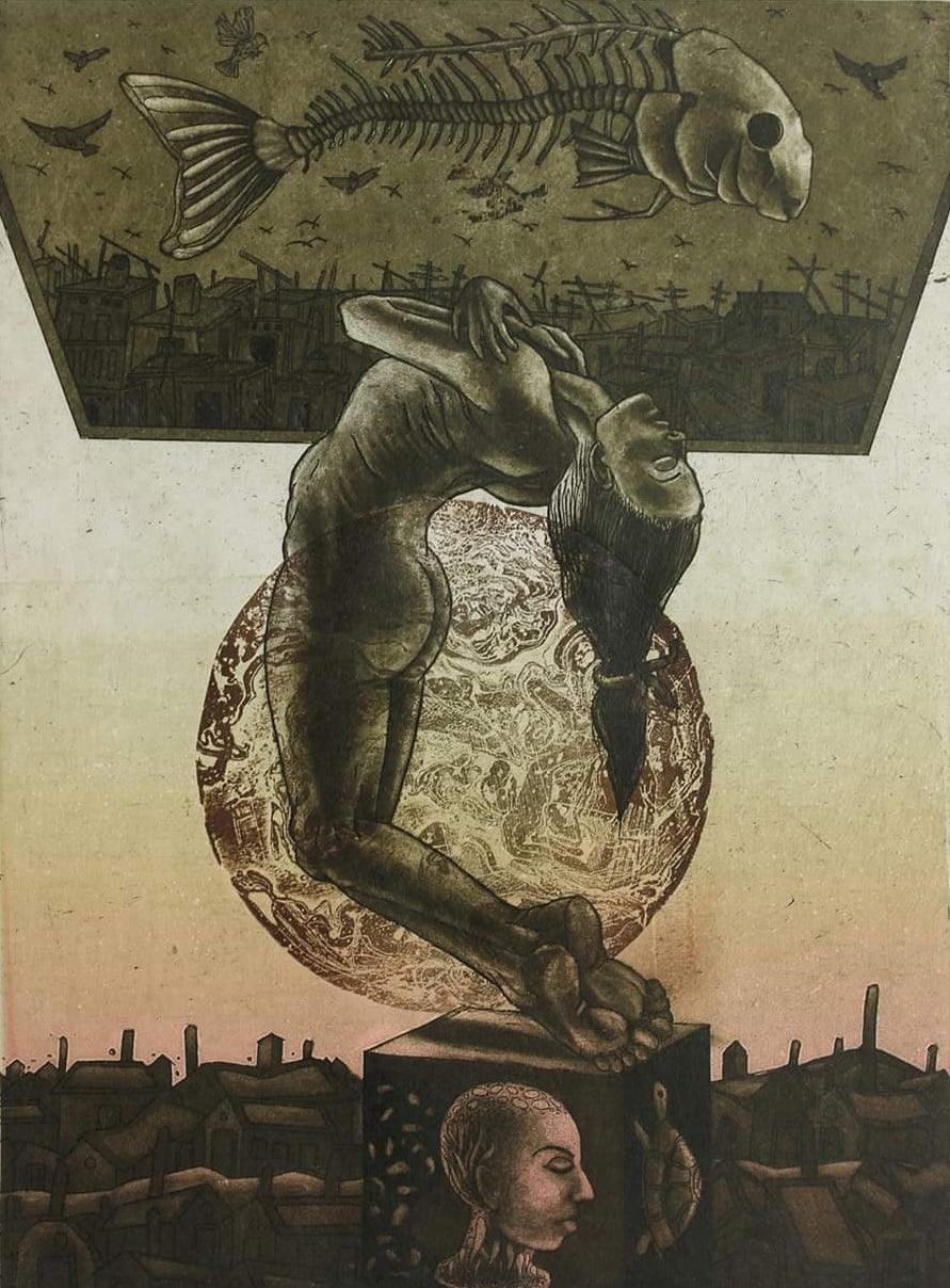 contemporary printmaking titled 'Acrobitic Dive', 13x10 inches, by artist Tribhuvan Kumar on Paper