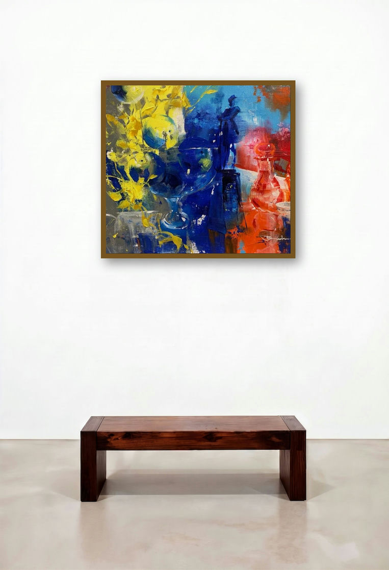 Active Still Life (Still Life with Vibrancy) by artist Bhaskar Mandolu displayed in a Mid-Century Modern Hallway