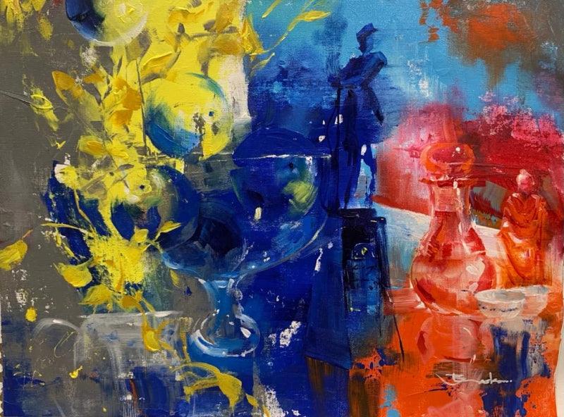 Abstract acrylic painting titled 'Active Still Life', 18x24 inches, by artist Bhaskar Mandolu on Canvas