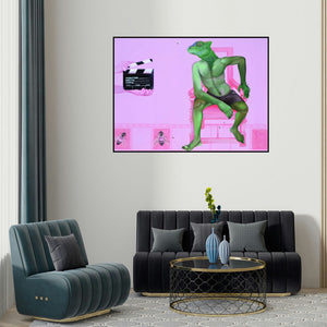 Swapnil Ramgade's 'Actor (The Reptilian Director)' painting visualized above a sofa in a contemporary room.