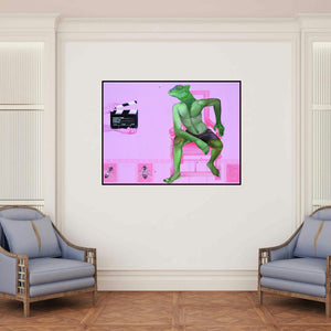 'Actor (The Reptilian Director)' painting by Swapnil Ramgade shown on a wall in a furnished room.