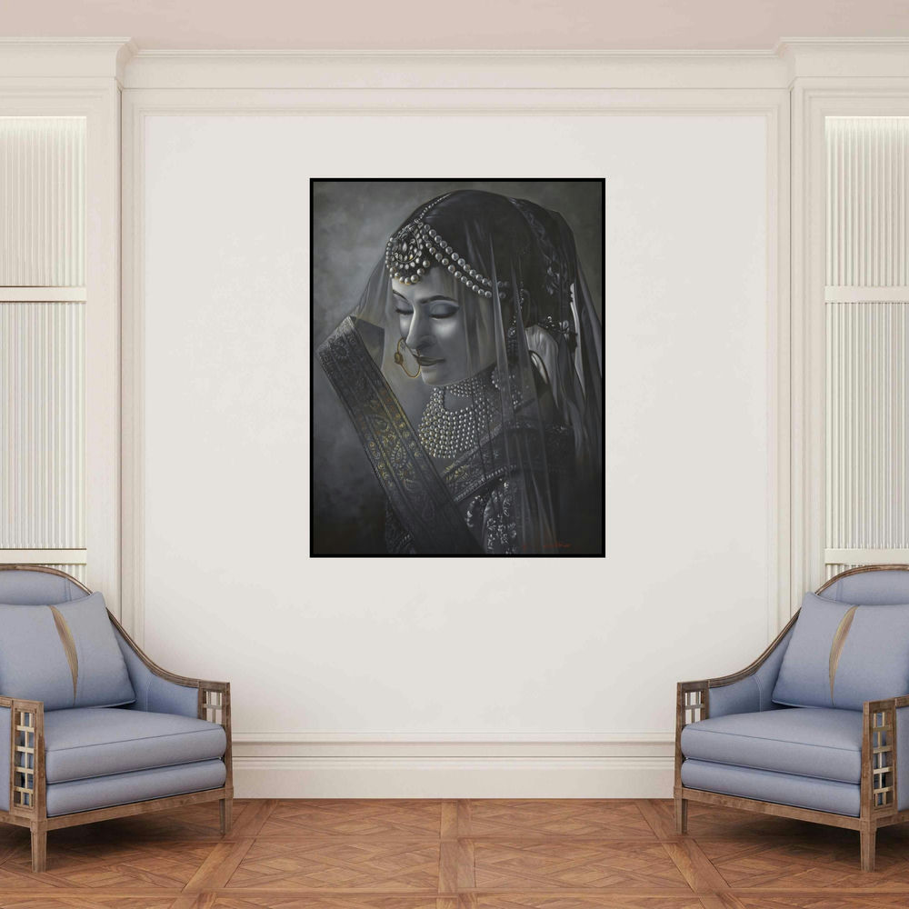 'Adaa (Morning Commute)' painting by Kamal Rao shown on a wall in a furnished room.