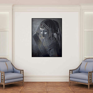 'Adaa (Maestro's Melody)' painting by Kamal Rao shown on a wall in a furnished room.