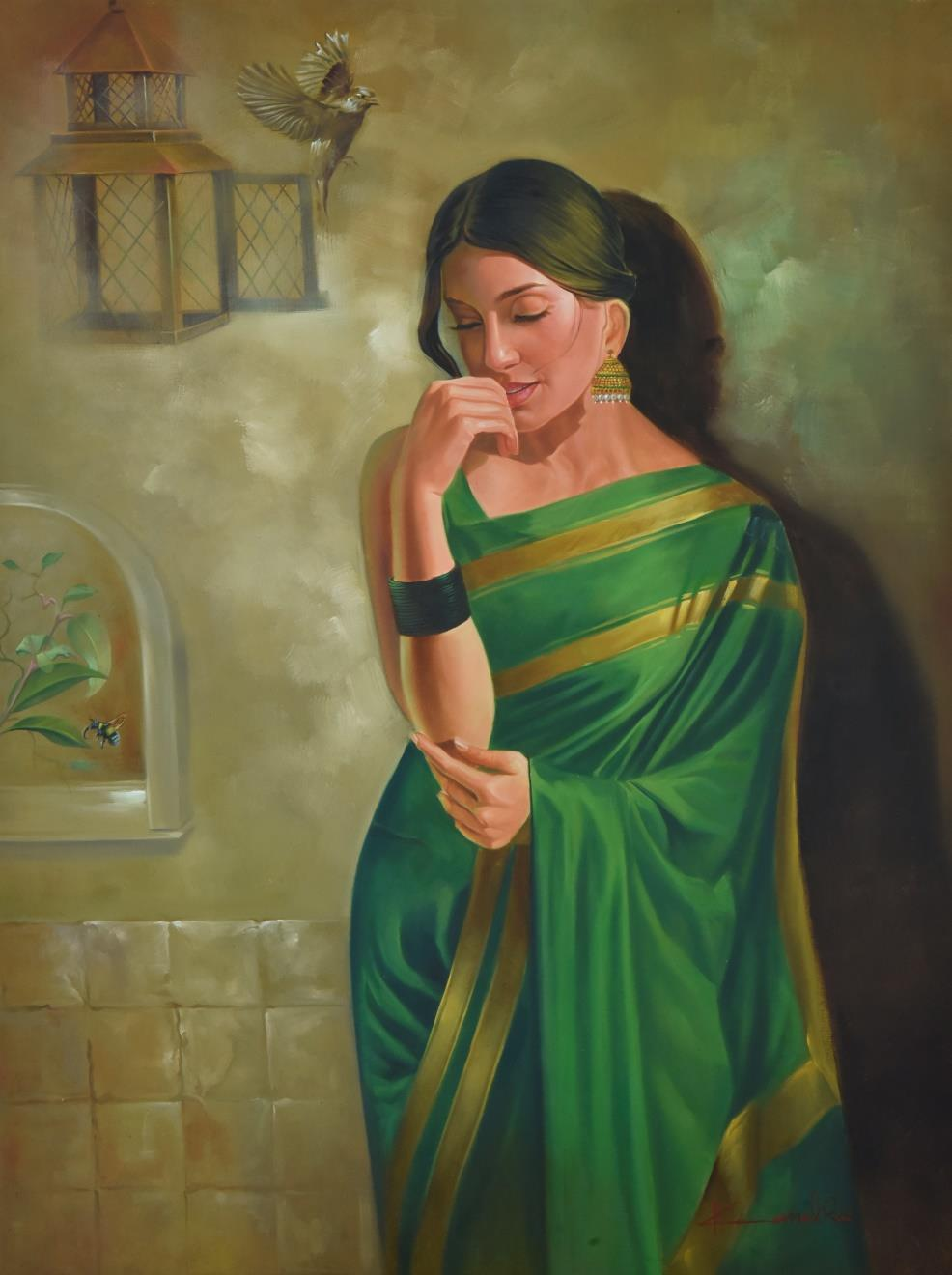 Adaa' figurative oil painting by artist Kamal Rao, 48x36 inch, on canvas