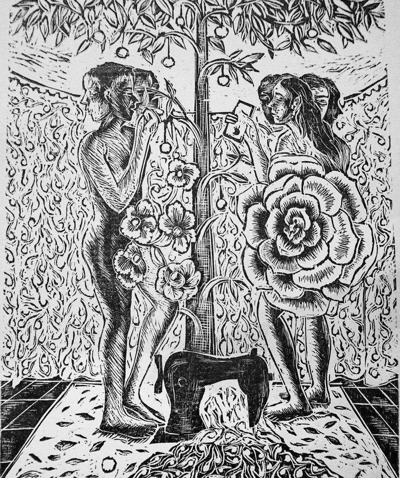 contemporary printmaking titled 'Adam And Eve', 12x10 inches, by artist Sunil Darji on Paper