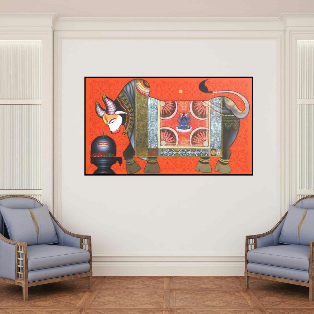 'Adhikaranandin (Nandi's Devotion)' painting by Ashok Rathod shown on a wall in a furnished room.