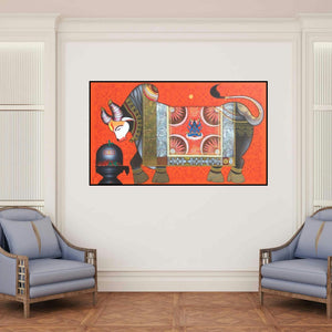 'Adhikaranandin (Nandi's Devotion)' painting by Ashok Rathod shown on a wall in a furnished room.