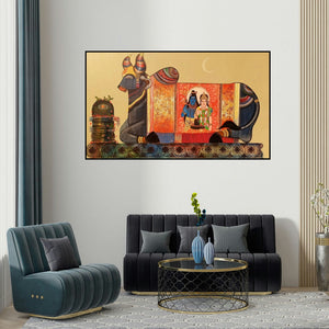 Ashok Rathod's 'Adhikaranandin (Nandi's Divine Vision)' painting visualized above a sofa in a contemporary room.